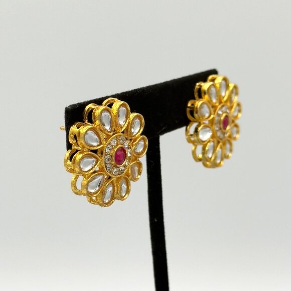 Gold Tone Red Kundan Stud Earrings Chandbali Pakistani Indian Bollywood Jewelry - Picture 3 of 7